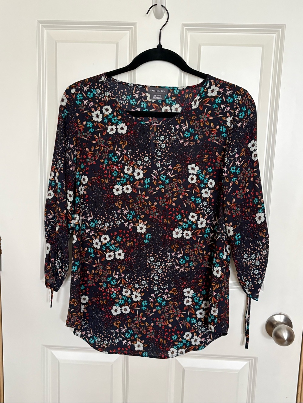 Van Heusen Black Floral Tie-Cuff Blouse with Teal and White Blooms